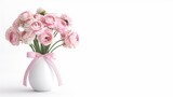 Pink buttercup flowers in a vase on a white background.