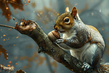 Wall Mural - A curious squirrel perched on a branch its bright   082 squirrel, animal, mammal, rodent, wildlife, nature, grey, tree, fur, cute, tail, wild, eating, brown, gray, furry, branch, eat, chipmunk, animal