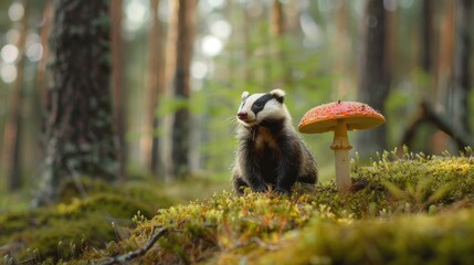 Sticker - Badger and Mushroom in a Forest Setting