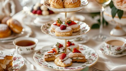 Wall Mural - Elegant high tea setup with pastries, scones, and tea