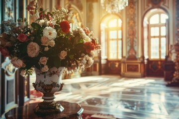 Wall Mural - Flowers in Old Castle Interior, Vintage Victorian Hall with Flower Vase, Luxury Hotel Lobby, Royal Villa