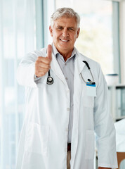 Sticker - Healthcare, portrait and thumbs up with mature doctor in hospital for success or support. Cardiology, medical and thank you with smile of happy medicine professional in clinic for consulting or trust