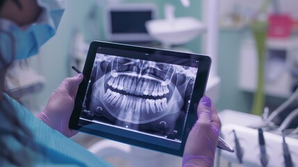 Wall Mural - Dental consultation in clinic. Dentist showing teeth x-ray on digital tablet screen. 3D tomography technology. 