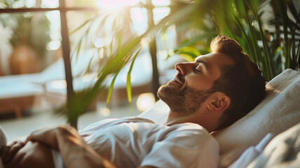 Poster - A man enjoying a relaxing day at a wellness center  044 couple, people, person, face, woman, smiling, men, smile, love, one, head, looking, hair, sitting, lifestyle, relaxation, boy, handsome, sad, be