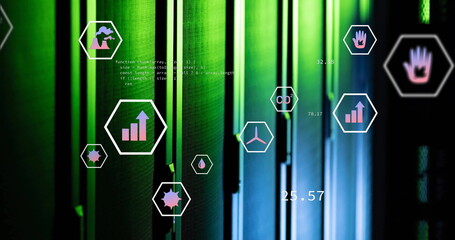 Sticker - Image of eco icons and data processing over computer servers