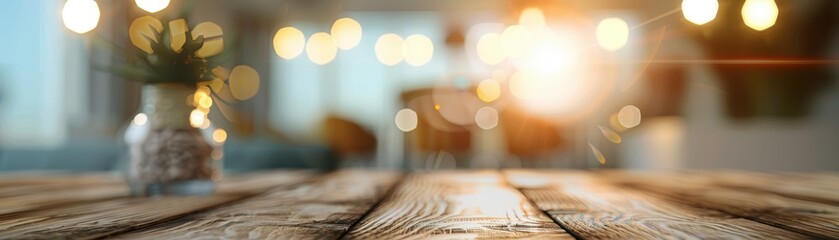 Sticker - A wooden table with a bright sun shining through the window. The sun's rays create a warm and inviting atmosphere