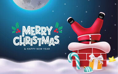 Wall Mural - merry christmas greeting vector design. christmas funny santa claus kid character inside the chimney