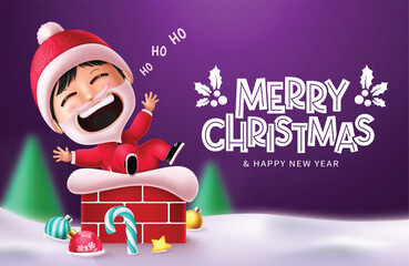 Wall Mural - Chritmas santa kid vector design. Merry christmas greeting text with cute santa claus character sitting, waiving and singing in chimney snow winter purple background. Vector illustration holiday