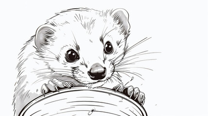 Wall Mural - A twotone line art of a ferret playing with a tube 84 animal, ferret, mammal, raccoon, pet, wildlife, fur, polecat, isolated, wild, white, nature, rat, rodent, white background, cute, domestic, verteb