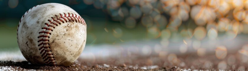 A baseball is sitting on a wet surface with a blurry background. The ball is dirty and he is wet