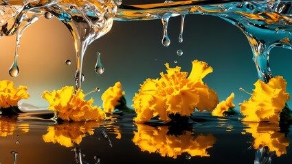 Canvas Print - Yellow marigold flowers petals flying on plain black background with water splash