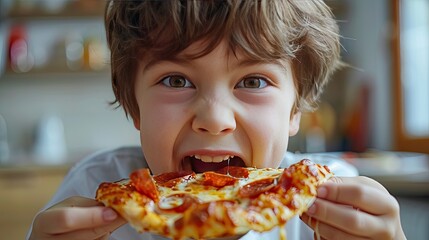 Hungry boy eating a slice of pizza