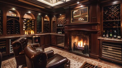 Wall Mural - A sophisticated wine and cigar lounge with custom cabinetry, leather chairs, a fireplace, and soft ambient lighting.