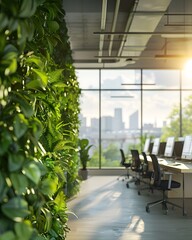 Poster - Green plants on the wall in modern office interior with panoramic windows and desks