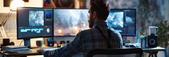 Wall Mural - A digital artist sits at a desk with dual monitors, working on a complex design. He is focused on his work, which is displayed on both screens