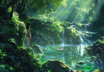Wall Mural - an illustration of a lush green forest with shimmering water, under dappled sunlight, beautiful view
