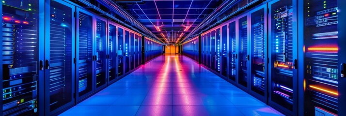 Wall Mural - Rows of illuminated server racks extend into the distance in a modern data center