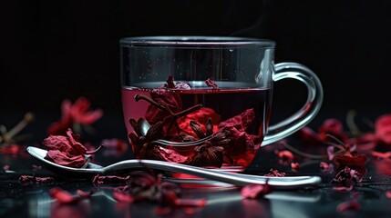 Poster - Glass cup containing hot water metal spoon dried hibiscus