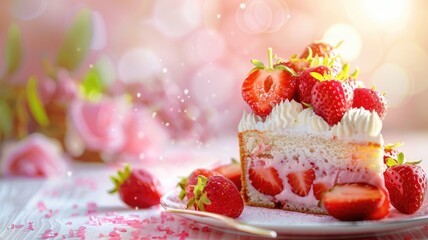 Wall Mural - A slice of strawberry shortcake with fresh strawberries and whipped cream, against a dreamy pink background.