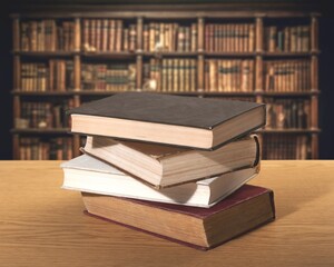 Wall Mural - stack of books in library on wooden table