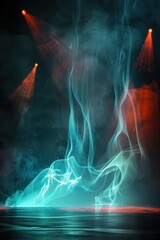 Wall Mural - A stage with three lights and a foggy atmosphere. The lights are red, blue, and green