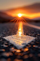 Wall Mural - A sun is shining on a road with a white arrow