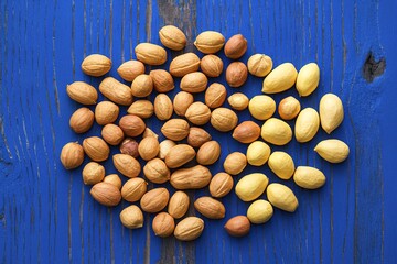 Wall Mural - nuts on the wooden table, fresh nuts, on blue background