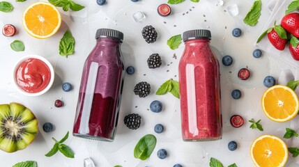 Smoothies with berries and fruits in two glass bottles on the white table Healthy drink variation and kids food Flat lay