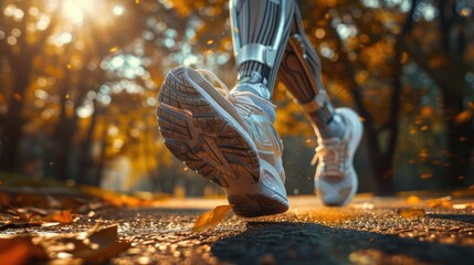 Wall Mural - A closeup of an amputee runner's leg with bionic prosthetic, showcasing the advanced technology and motion in action during running on track