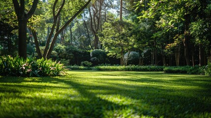 A lawn with low grass and green tall trees