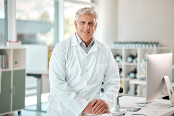 Canvas Print - Scientist, portrait and mature man in lab with smile for innovation, research or investigation. Cure, pathology and technician with confidence for discovery, breakthrough or medical experiment