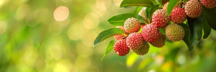 Poster - A close-up shot of a lychee branch laden with ripe fruits, captured against a blurred green background