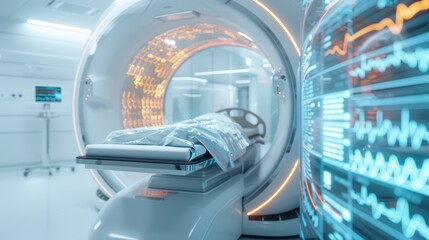 Wall Mural - A hospital room with a white bed and a monitor displaying a brain. The room is sterile and clinical, with no personal touches or decorations. The focus is on the medical equipment and the patient