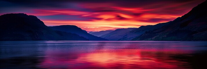 Wall Mural - A fiery sunset casts vibrant shades of red across a dramatic twilight sky, illuminating the silhouetted mountain range and reflecting on the calm water below