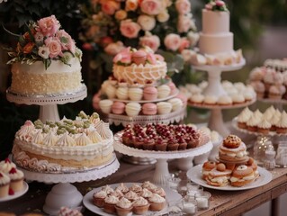 Wall Mural - Elegant dessert table at a wedding, beautifully decorated cakes, cupcakes, and pastries, romantic and festive atmosphere