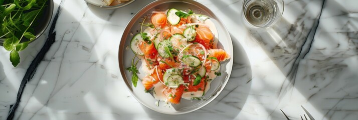 Sticker - A fresh salmon salad with cucumber and herbs is presented on a white plate in a Scandinavian-style kitchen with minimalist decor