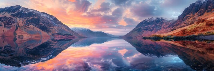 Wall Mural - At sunrise, pink and orange skies cast a warm glow over the mountains, reflecting beautifully in the calm lake waters