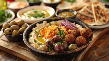 Wall Mural - Mediterranean mezze platter with hummus, falafel, olives, and pita bread, vibrant and diverse flavors, shared dining experience