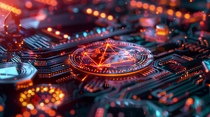 A computer chip with a glowing symbol on it. The symbol is a triangle and it is surrounded by a circle. The image has a futuristic and technological feel to it