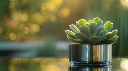 Wall Mural - A small plant is in a glass bowl on a table. The bowl is reflecting the sunlight, creating a warm and inviting atmosphere. The plant is a succulent, which is known for its low-maintenance