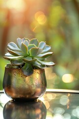 Wall Mural - A small plant is in a glass bowl on a table. The bowl is reflecting the sunlight, creating a warm and inviting atmosphere. The plant is a succulent, which is known for its low-maintenance