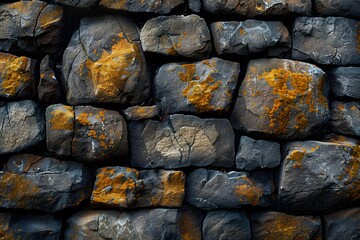 Wall Mural - Lichen-Covered Basalt Stones Wall - Natural Texture for Architectural Design and Backgrounds