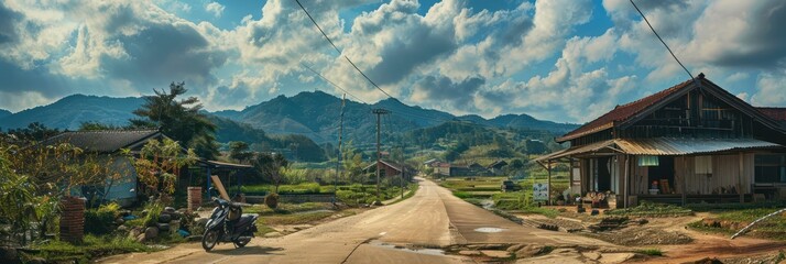 Wall Mural - Rural village features winding dirt road between two houses, one with thatched roof and garden, surrounded by rich green trees. Clear blue sky with fluffy white clouds.