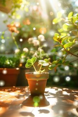 Wall Mural - A potted plant sits on a wooden table in a garden. The sunlight is shining on the plant, making it look vibrant and healthy. Concept of peace and tranquility