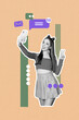 © deagreez - Composite trend artwork image photo collage of beige color backdrop young lady influencer hold hand phone show two finger hi vlog selfie