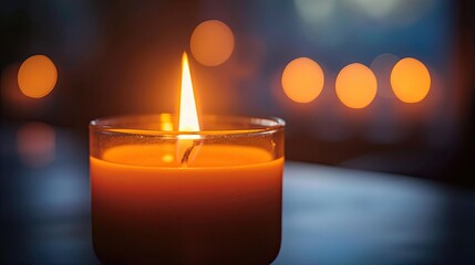 Beautiful close up of a lit candle glowing in the dark