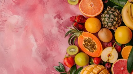 Poster - A fruit salad with oranges, kiwi, and pineapple. The pineapple is cut in half and the kiwi is sliced