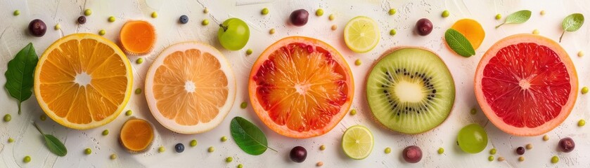 Sticker - A fruit salad with oranges, kiwi, and pineapple. The pineapple is cut in half and the kiwi is sliced