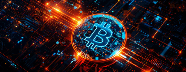 Wall Mural - A futuristic digital illustration of the Bitcoin logo glowing in blue and orange light,