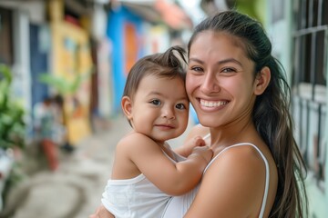 Wall Mural - A woman is holding a baby and smiling. The baby is wearing a white shirt. The scene is set in a city, with a few people in the background. Scene is happy and joyful